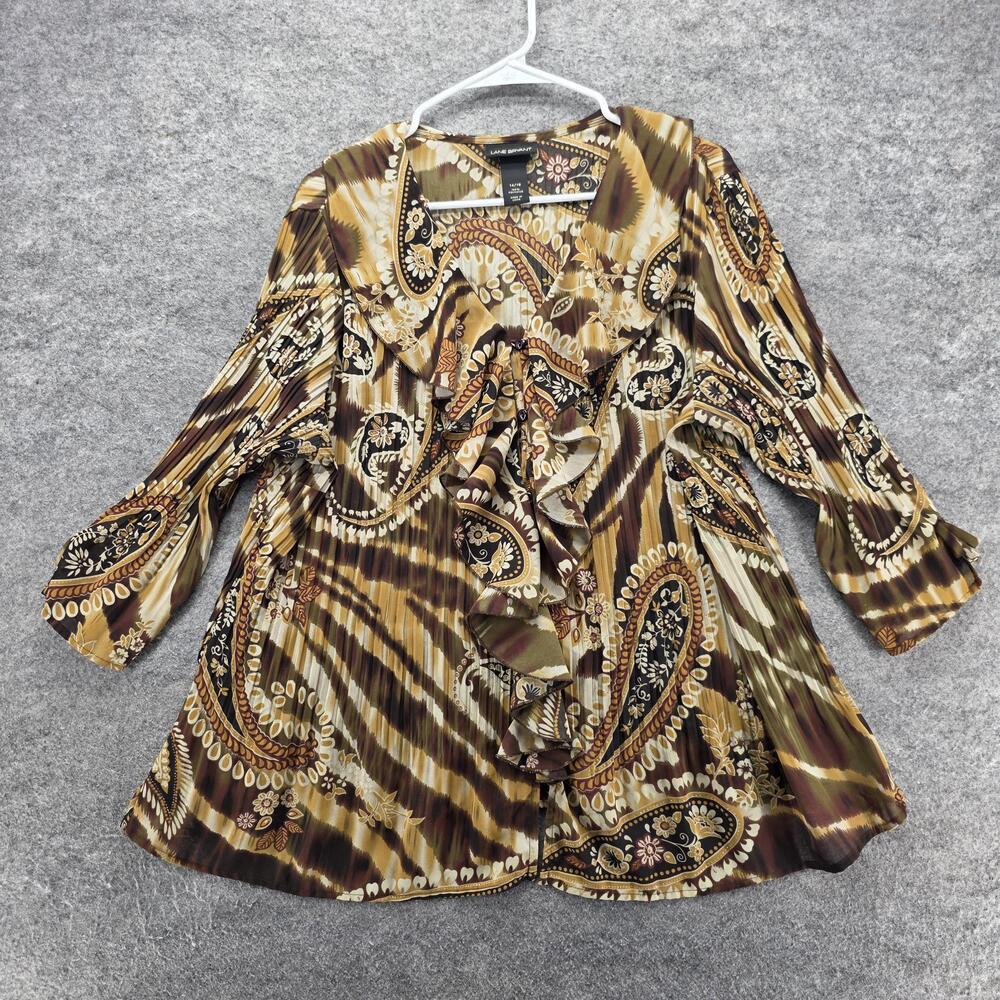 Lane Bryant Blouse Plus Womens 14/16 Brown Paisley Tunic 3/4 Sleeve Ruffle